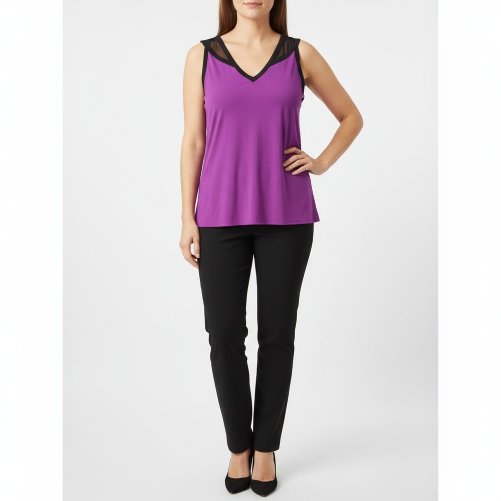 WORTHINGTON Tank Top Womens Sz XL Purple Black V Neck Mesh Professional